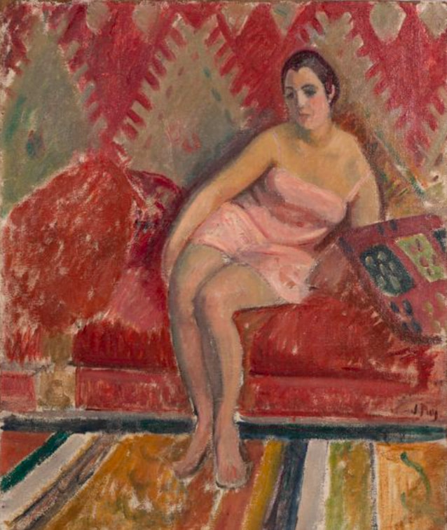 Femme assise en combinaison rose Jean Puy